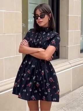 Hill House Home Rosalind Black Ikat Floral Mini Dress Pleated Collared Small New